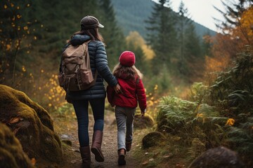 adult mother and daughter, clad in outdoor gear, walk hand in hand along a forest trail in autumn, blurred background