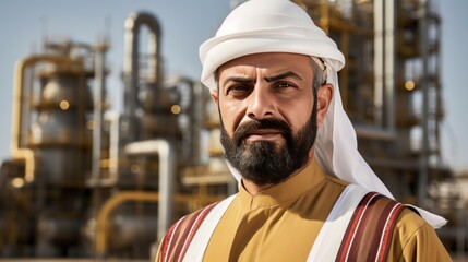 Arabic man in traditional Arabic clothes in front of oil refinery