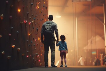 parent holds the hand of their small child, standing before a climbing wall, ready to share a new sporting challenge