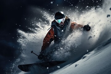 intrepid snowboard carves a swift path down a snowy slope, snow spraying in a wild arc, under a dramatic sky