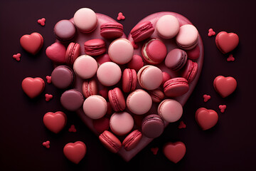 Delicate Romance: Pink Macarons and Rose Petals. Valentine's Day sweets. Pink macaroons heart shaped