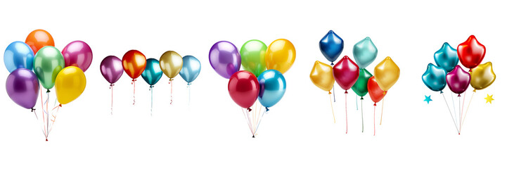 Set of Five star balloons of different colors red, blue, yellow, green and purple on a transparent background 