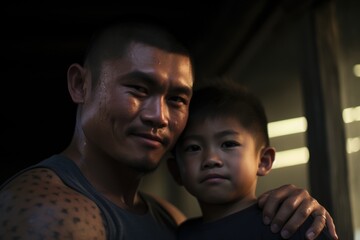 Obraz premium father, glistening with sweat, proudly embraces his young son in a moment of close connection
