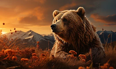 Foto op Aluminium Grizzly bear in the mountains at sunset. 3d rendering © Vitalii