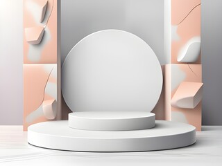 podium or pedestal with abstract geometrical forms on pink background.