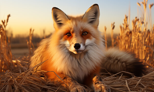 Red fox in a field of wheat at sunset, 3d render.