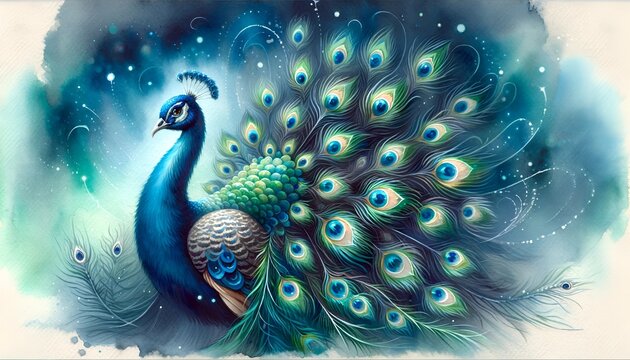 Beautiful watercolor illustration of peacock feathers.