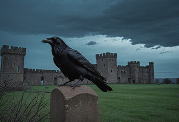 Raven and Castle in the Rain at Dusk