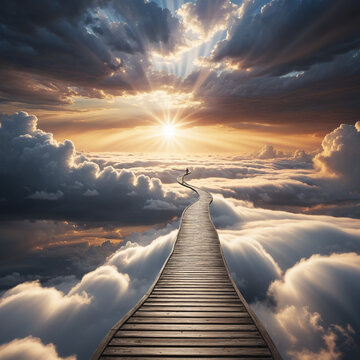 A symbolic path through the clouds leading to a radiant future or new beginning.
