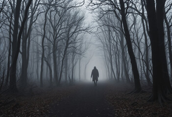 Nightmare scene in eerie forest with surreal horror landscape