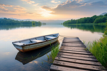 Beautiful lake landscape with row boat and old wooden lake bridge with beautiful sky and cloud background, place for rest and relax, calm water with fresh environment. - Powered by Adobe
