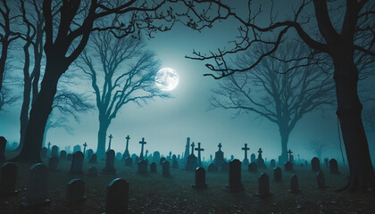 Creepy Cemetery on Halloween Night Amidst Tombstones