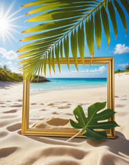 Tropical Summer Beach Scene with Palm Leaves and Golden Sand Frame