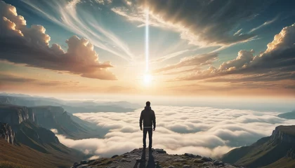 Foto op Plexiglas alone person looking at heaven. Lonely man standing in fantasy landscape with shining cloudy sky. Meditation and spiritual life © SR07XC3