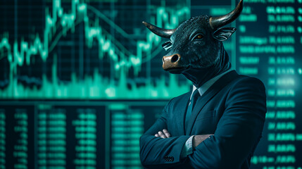 A bull as a businessman wearing suite with green stock market chart candle sticks and indicators background