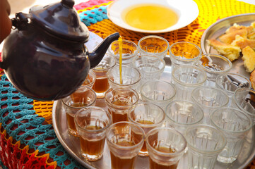 Hot tunisian tea on the tray in the cafe