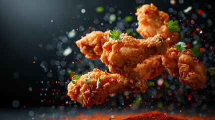 Delicious fried chicken wings mix with spicy ingredients herbs on dark background
 - obrazy, fototapety, plakaty