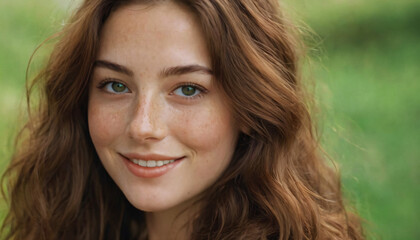 Fototapeta premium Young Woman with Freckles and Red Hair Smiling, Emerald Green Eyes, Long Wavy Hair, Soft Light Portrait