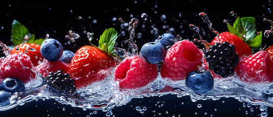 Fresh berry fruits with water splash on black background