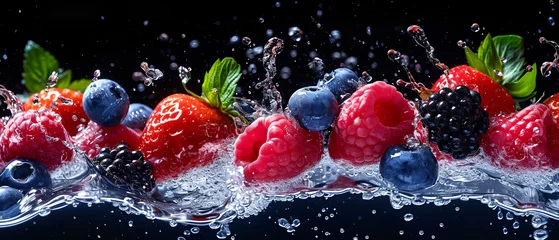 Fotobehang Fresh berry fruits with water splash on black background © ChubbyCat