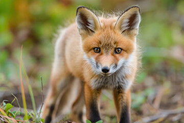 A curious red fox pup, with its fluffy orange fur and bright eyes, investigates its surroundings