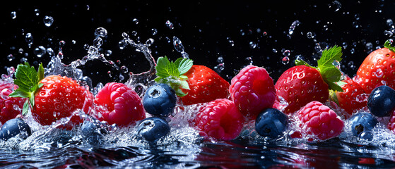 Fresh berry fruits with water splash on black background