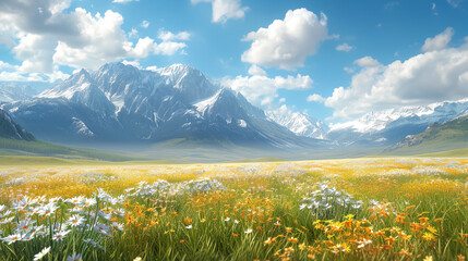 Blooming flowers in meadow fields with snow mountains background. Early spring season