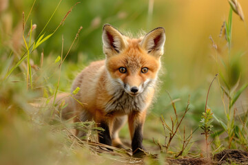 Naklejka na ściany i meble A curious red fox pup, with its fluffy orange fur and bright eyes, investigates its surroundings