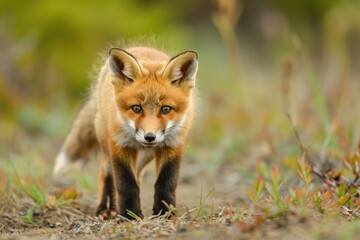 Fototapeta premium A curious red fox pup, with its fluffy orange fur and bright eyes, investigates its surroundings