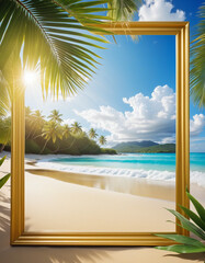 Summer background with frame, nature of tropical golden beach with rays of sun light and leaf palm. Golden sand beach close-up, sea,  blue sky, white clouds. Copy space, summer vacation concept.