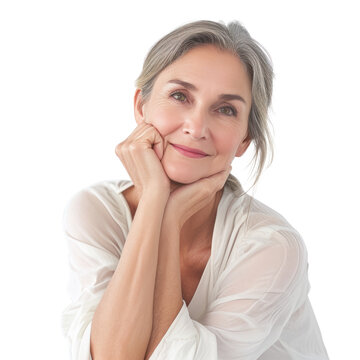 Beautiful gorgeous mid aged mature woman looking at camera isolated on white. Mature old lady close up portrait. Healthy face skin care beauty, middle age skincare cosmetics, cosmetology concept, png