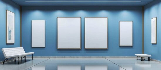 Blue-wall gallery with empty frames.