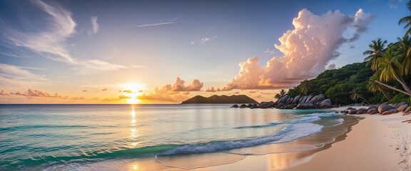 Tropical Beach Sunset at Anse Lazio, Seychelles - obrazy, fototapety, plakaty