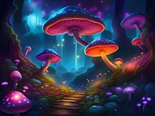 Fototapeta na wymiar magic forest scene with mushrooms, mushrooms and plants