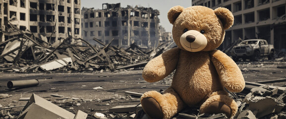 kids teddy bear toy over city burned destruction of an aftermath war conflict, earthquake or fire and smoke of world war against children peace innocence as copyspace banner - obrazy, fototapety, plakaty