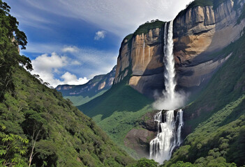 Breathtaking view of Angel Falls in Venezuela's Canaima National Park, seen from below, evoking a feeling of wonder and exploration.