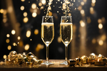 filled champagne glasses on a gold blurred background