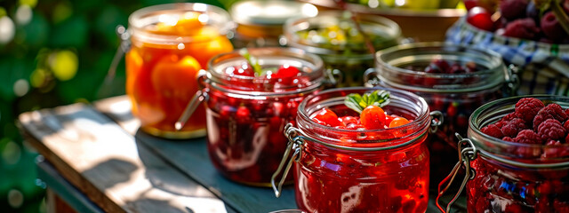 Compotes with berries preserved in a jar. Selective focus. - obrazy, fototapety, plakaty