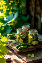 Preserved cucumbers in a jar. Selective focus.