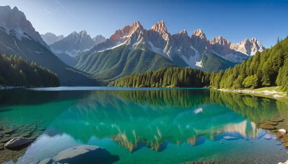 Foto op Aluminium Vibrant summer landscape at Fusine Lake with view of Julian Alps and Mangart peak, Udine, Italy. Beautiful travel destination in Europe. © SR07XC3