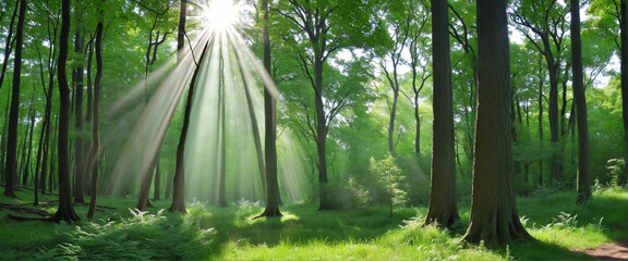Gorgeous sunbeams in lush woods