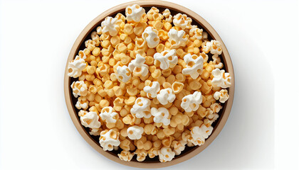 Obraz na płótnie Canvas Top view isolated on a white background of freshly made popcorn for a movie night.