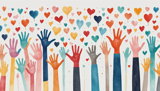 Group of diverse people with arms and hands raised towards hand painted hearts. Charity donation, volunteer work, support, assistance. Multicultural community. People diversity.  