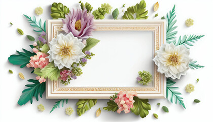 Picture frames in top view, isolated on a white background, with a flower present as a marriage gift.
