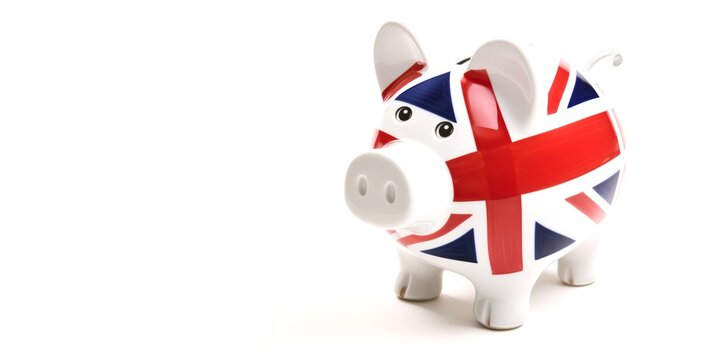 Union Jack Piggy Bank on a white background with copy space