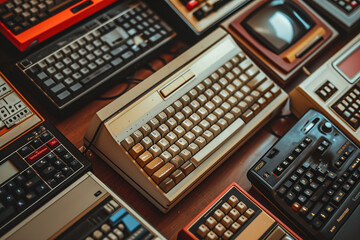 Close-ups of retro computer keyboards and mice. Vintage technology background.