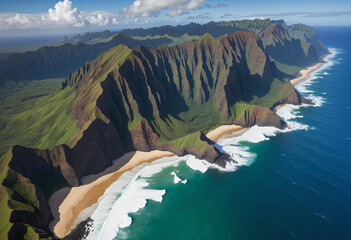 Majestic cliffs towering over the turbulent ocean along Kauai's north shore, Hawaii.