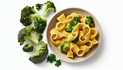 Upper view delicious cooked pasta with broccoli, cheese, and an isolated white background - obrazy, fototapety, plakaty