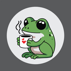 cute green frog drinking coffee