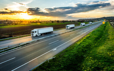 Convoy or Fleet of white trucks with white trailers on a Highway through the rural landscape on a...